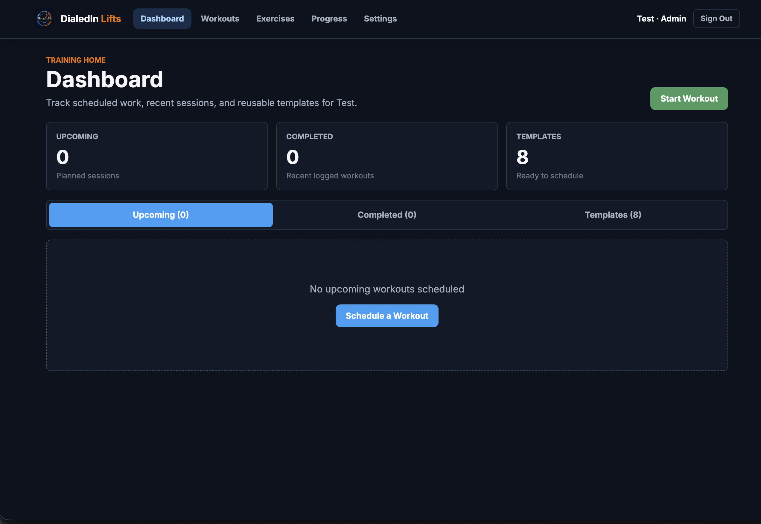 DialedIn Lifts web dashboard with workout summary cards and scheduling controls