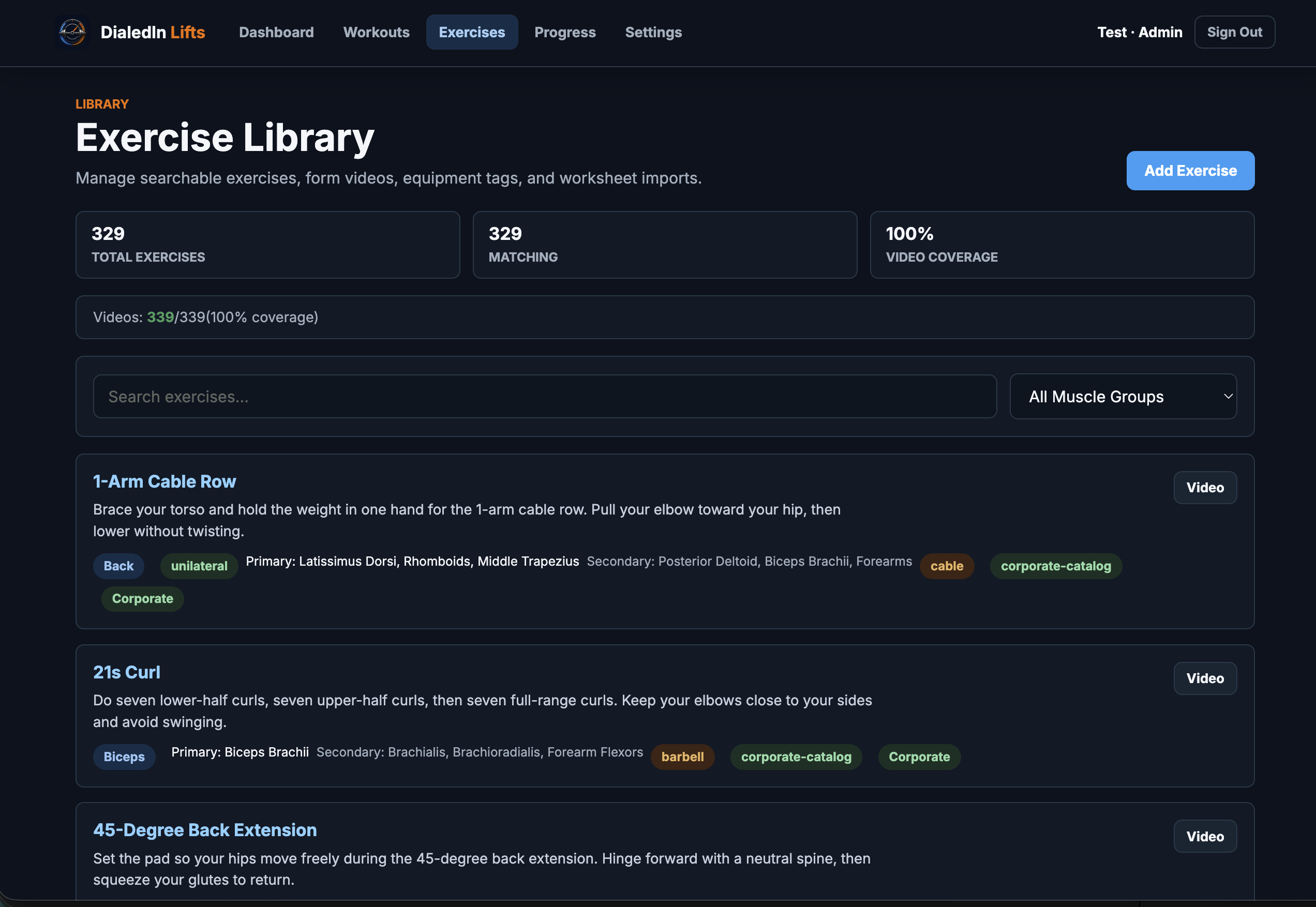 DialedIn Lifts searchable exercise library with muscle and equipment details