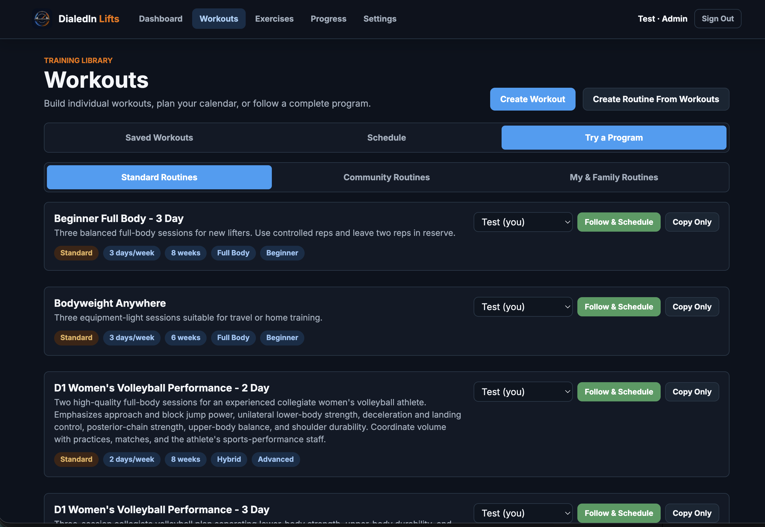 DialedIn Lifts training program catalog with standard routines