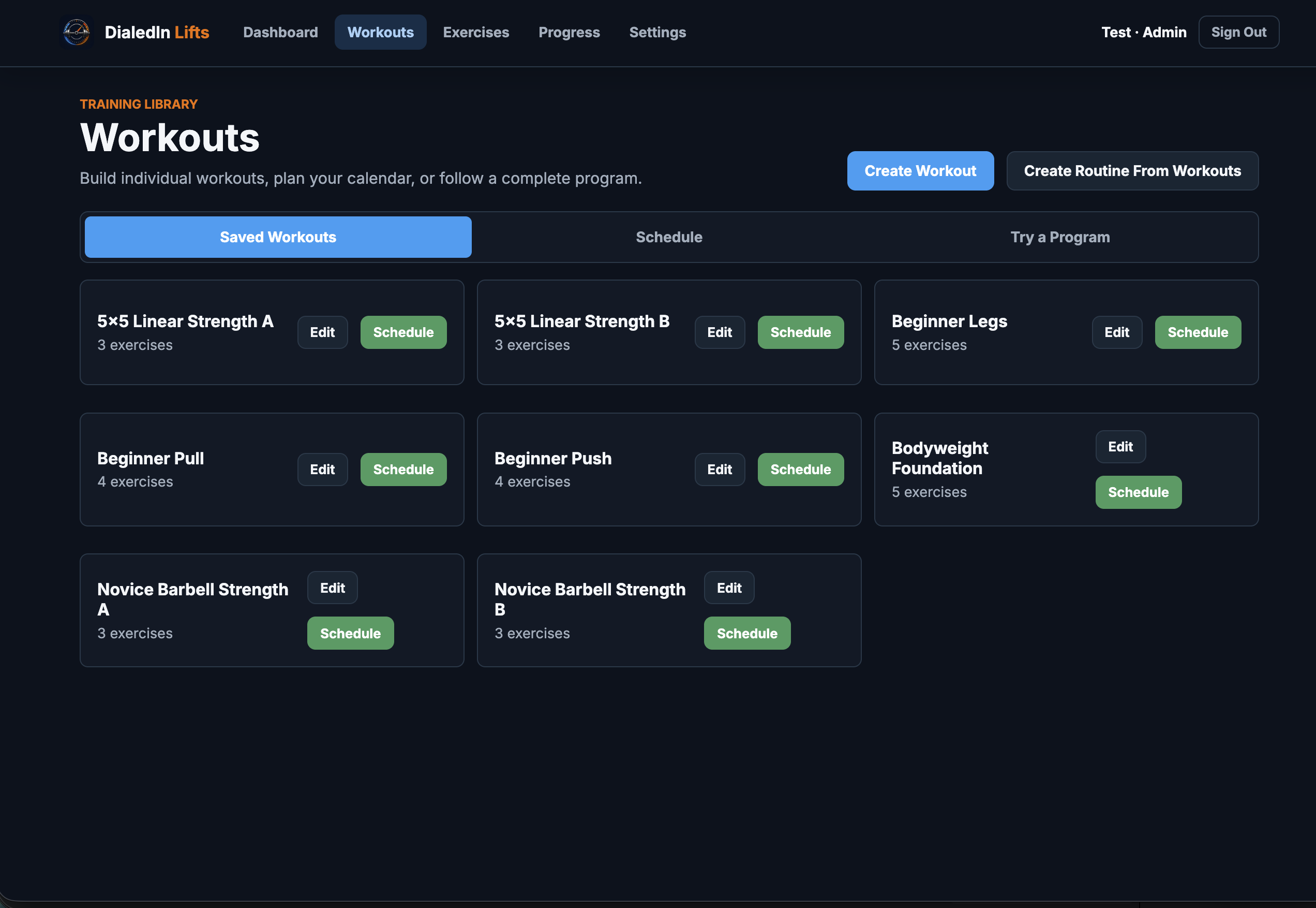 DialedIn Lifts saved workout library with scheduling controls